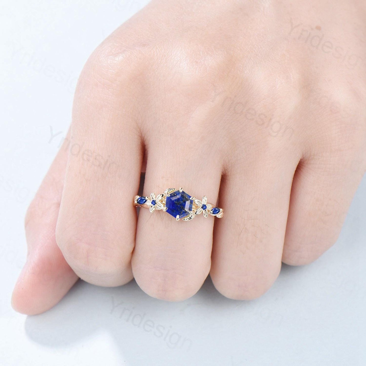 Vintage Lapis Lazuli Ring Floral Hexagon Cut Lapis Lazuli Engagement Ring 14K Yellow Gold Leaves Twisted Garden Inspired Wedding Ring Women