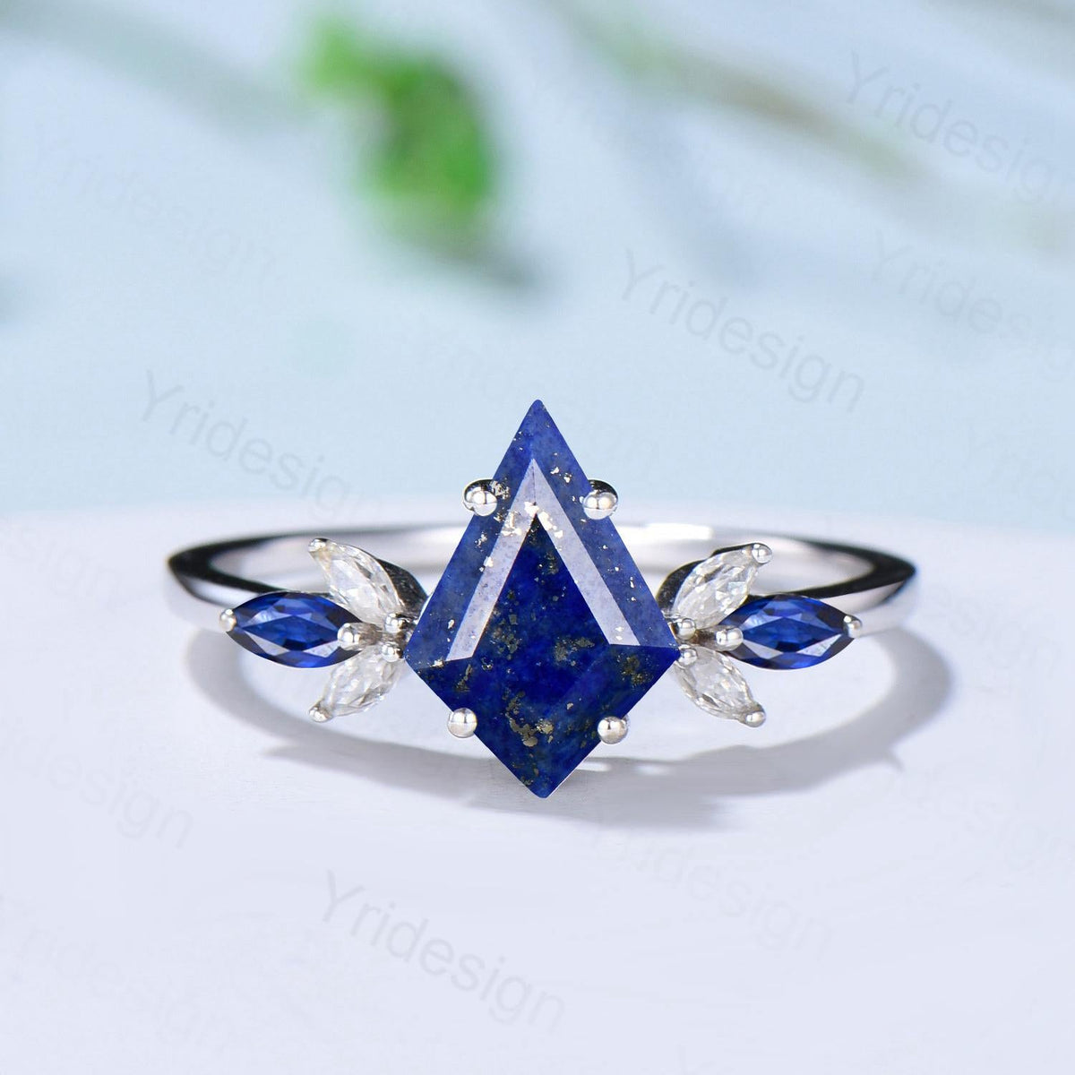 Vintage Lapis Lazuli Engagement Ring Set Kite Cut Unique Cluster Sapphire Seven Stone Lapis Lazuli Bridal Ring Set Anniversary Promise Gift