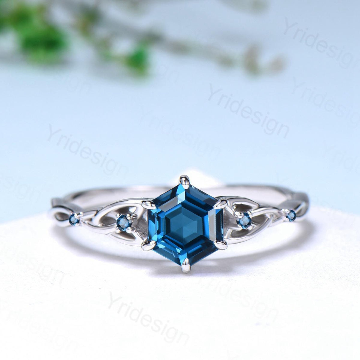 Norse Viking Hexagon Cut London Blue Topaz Ring Set Celtic Love Knot Topaz Engagement Ring Unique Wedding Ring Set Promise Gifts For fiancee