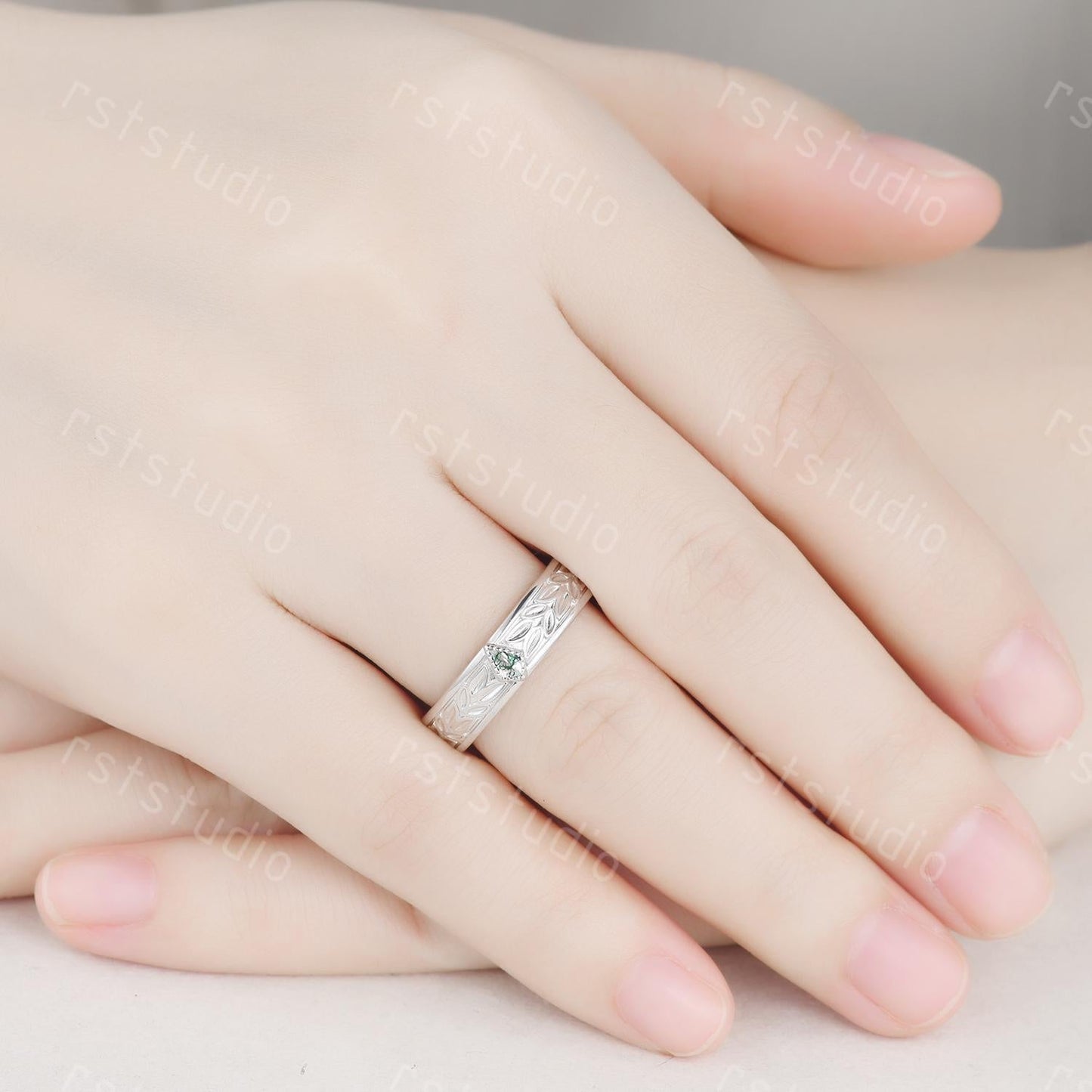 Moss Agate Leaves Wedding Band: Nature Inspired Sterling Silver Ring