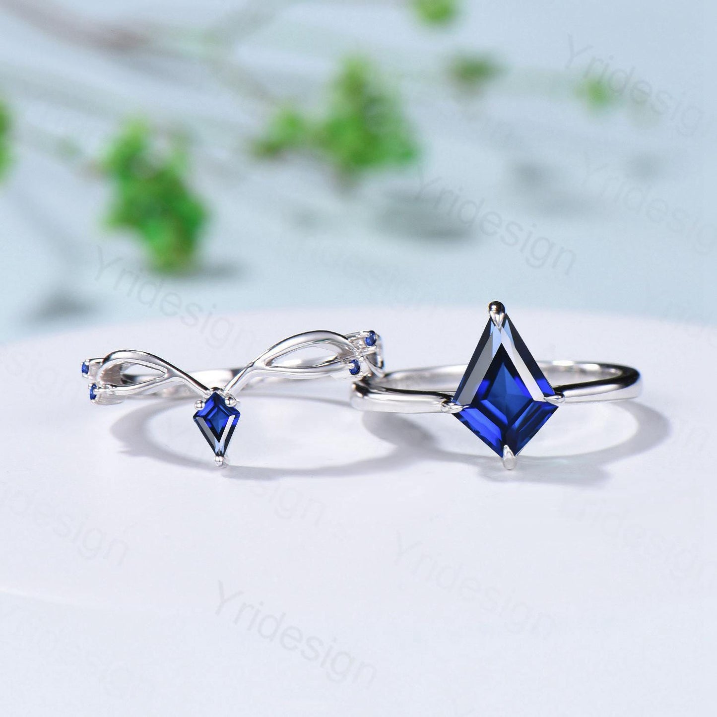 Dainty Blue Sapphire Engagement Ring Set Kite Cut Solitaire Minimalist Wedding Set Simple Sep birthstone Bridal Set Anniversary Promise gift