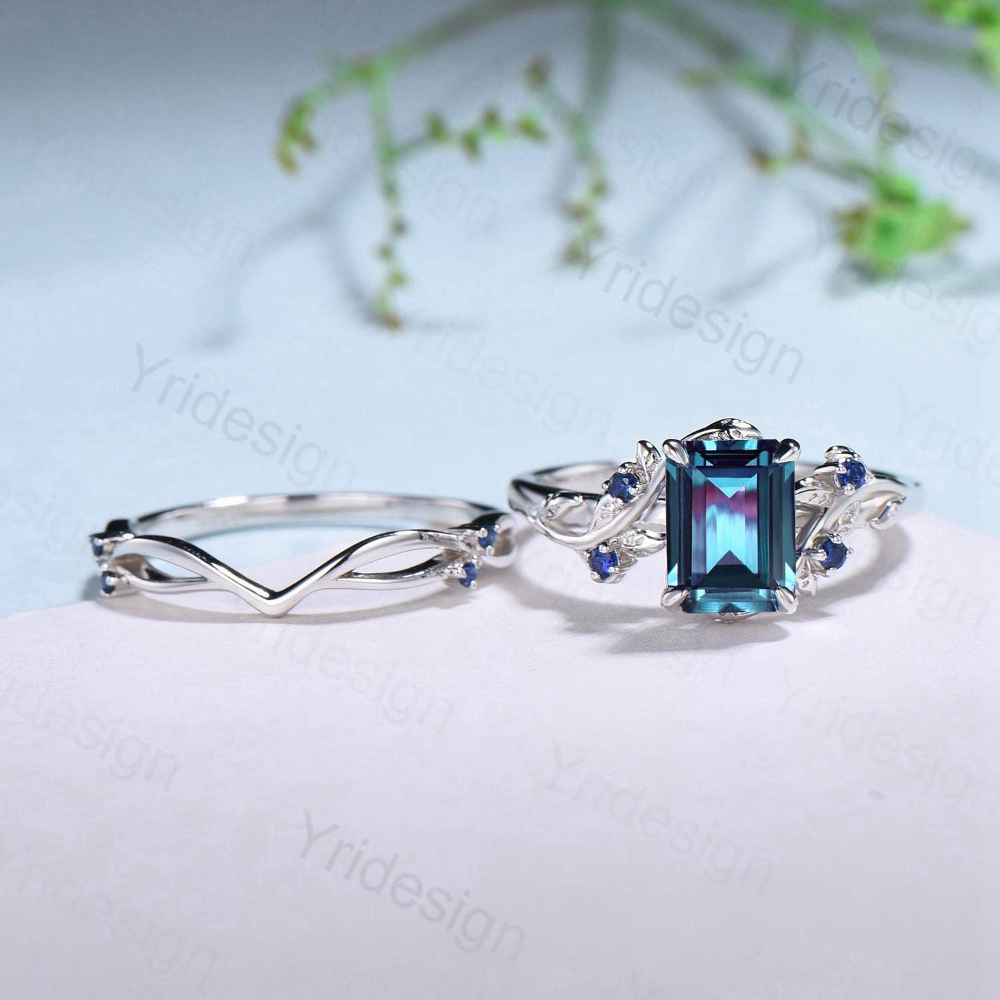 Vintage Emerald cut alexandrite engagement ring set Nature inspired sapphire wedding ring set white gold leaf vine bridal set promise gifts