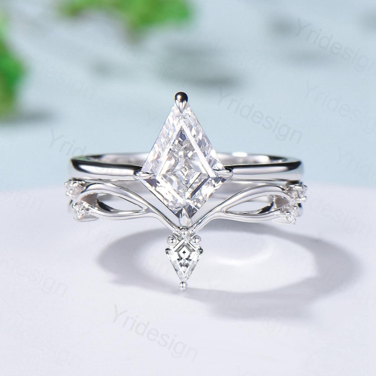 Art Deco Kite Cut Diamond Ring Set - Lab Grown Diamond Chevron Wedding Band