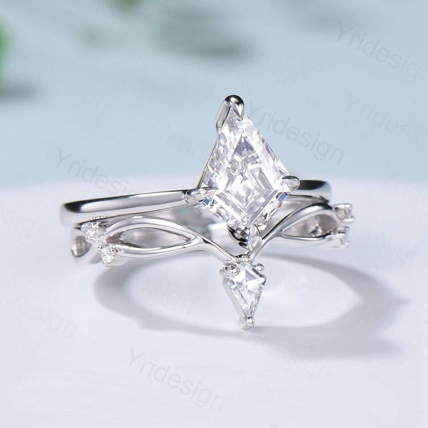 Art Deco Kite Cut Diamond Ring Set - Lab Grown Diamond Chevron Wedding Band