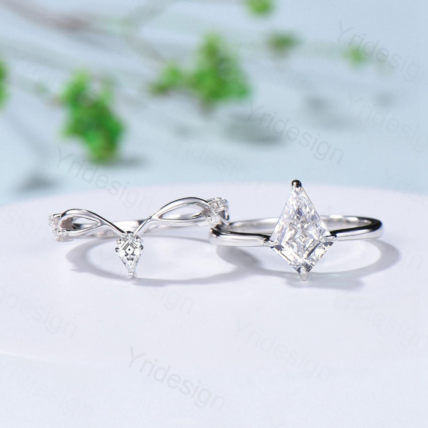 Art Deco Kite Cut Diamond Ring Set - Lab Grown Diamond Chevron Wedding Band