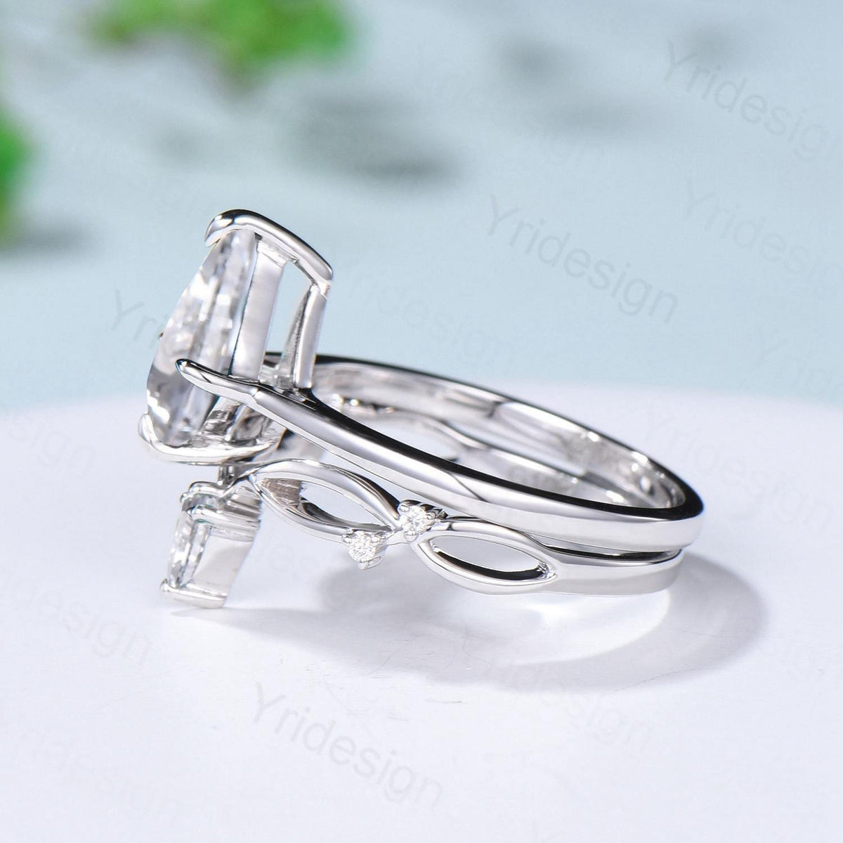 Art Deco Kite Cut Diamond Ring Set - Lab Grown Diamond Chevron Wedding Band