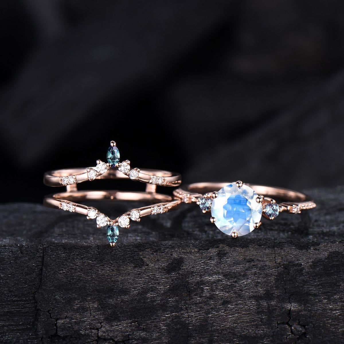 Moonstone Engagement Ring Set, Vintage Alexandrite Wedding Band