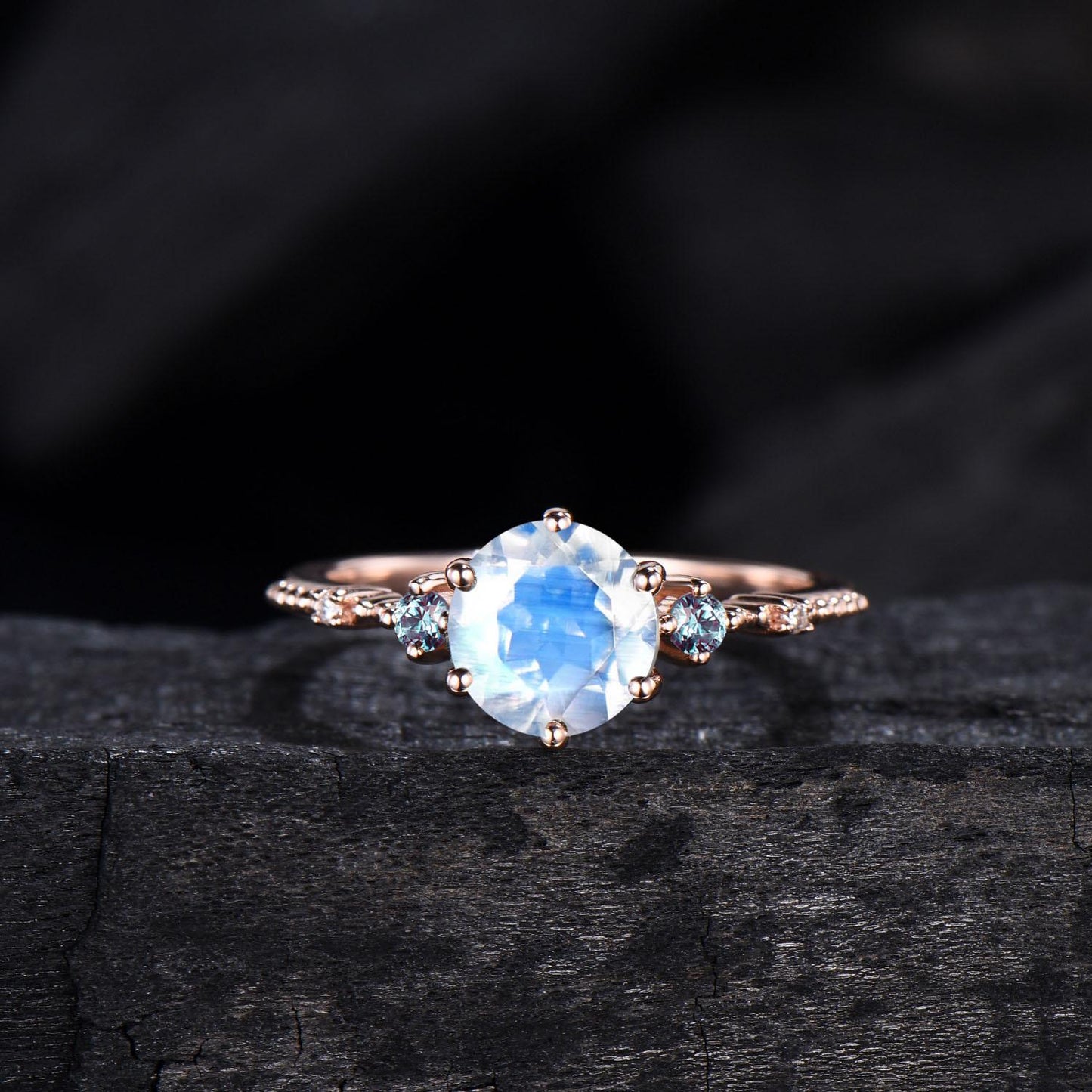 Moonstone Engagement Ring Set, Vintage Alexandrite Wedding Band