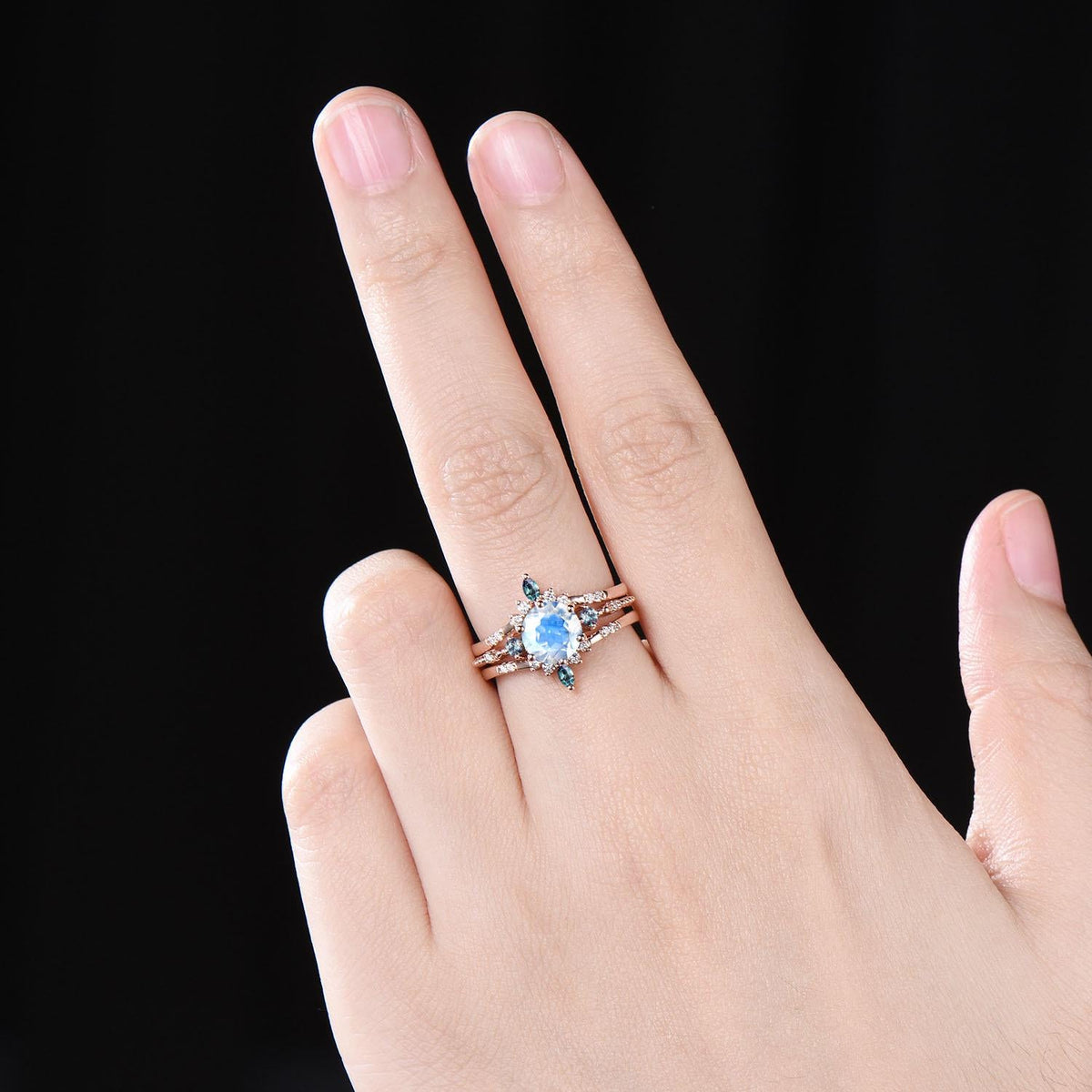 Moonstone Engagement Ring Set, Vintage Alexandrite Wedding Band