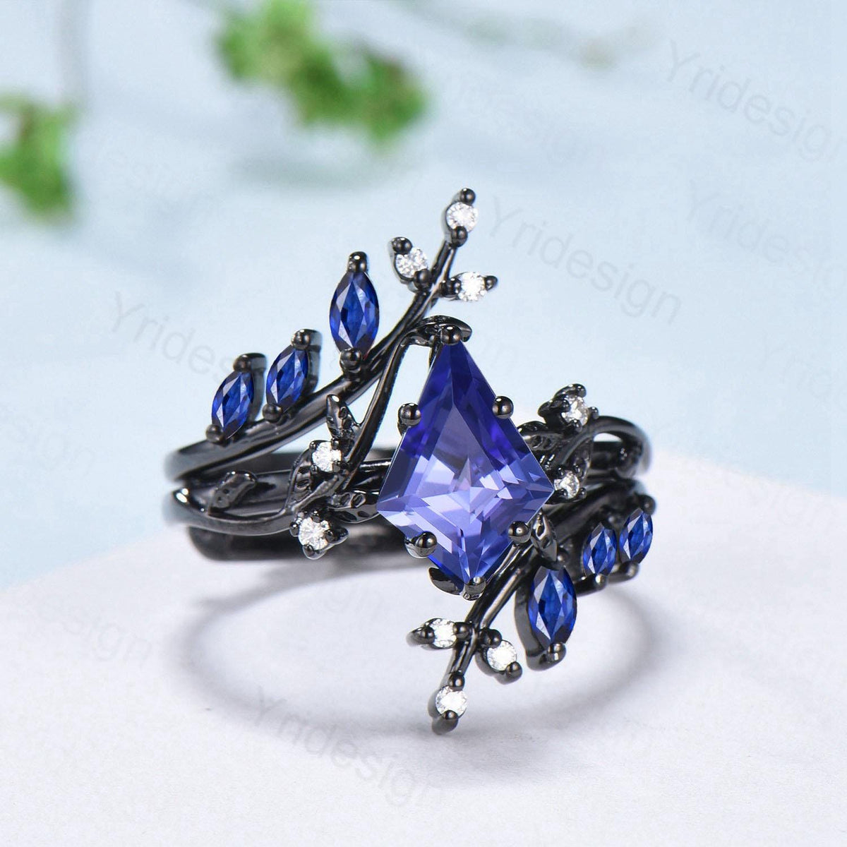 Unique gothic kite cut natural tanzanite engagement ring set black gold cluster marquise sapphire ring nature inspired enhancer wedding set