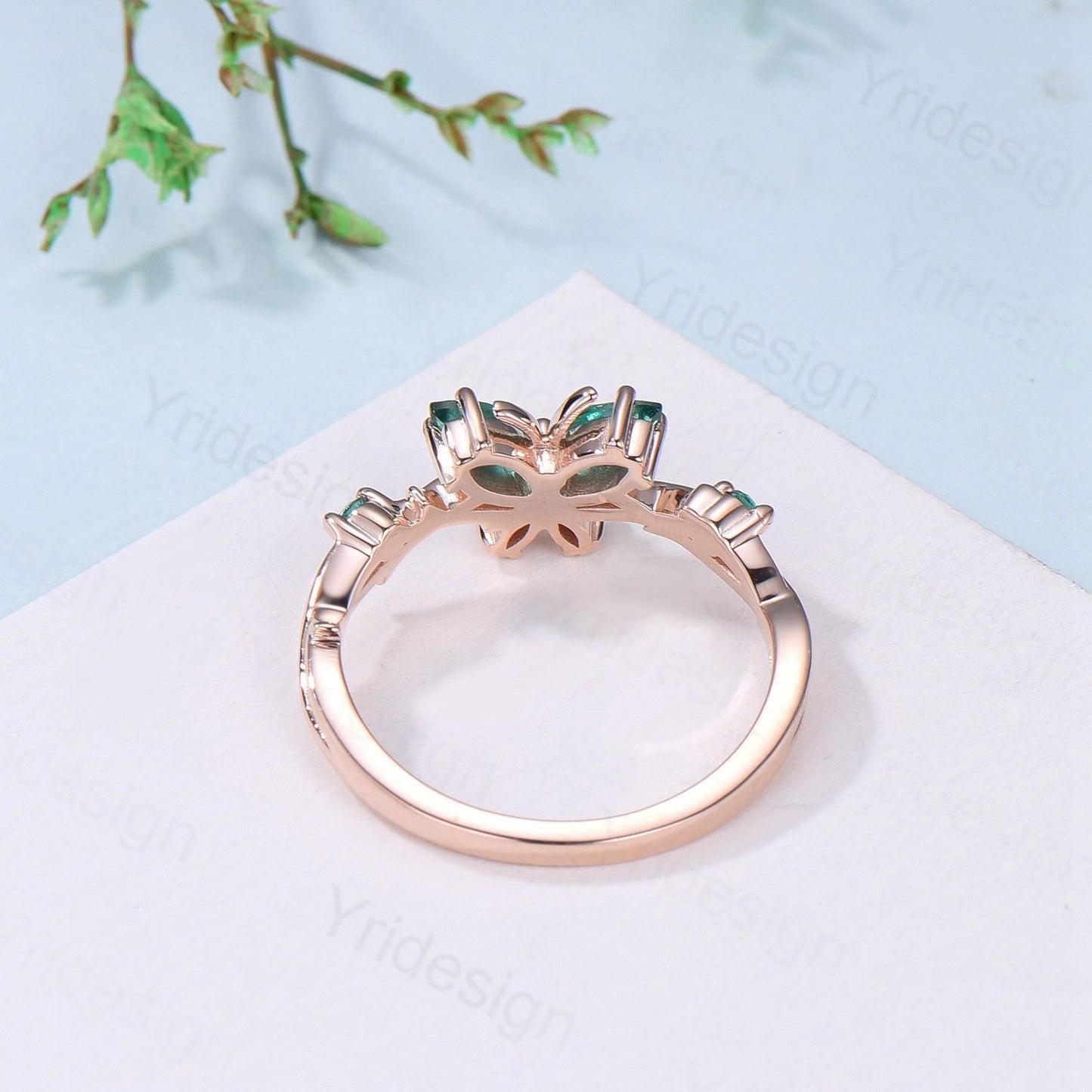 Vintage Butterfly Emerald Engagement Ring Unique Marquise Cut Moss Agate Wedding Ring 14k Rose Gold Flower Promise Anniversary Gift for Wife
