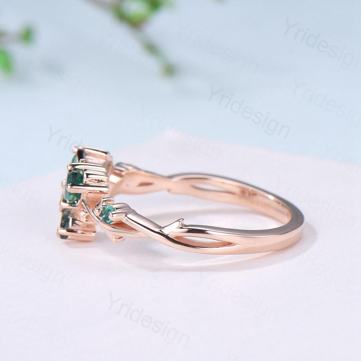 Vintage Butterfly Emerald Engagement Ring Unique Marquise Cut Moss Agate Wedding Ring 14k Rose Gold Flower Promise Anniversary Gift for Wife