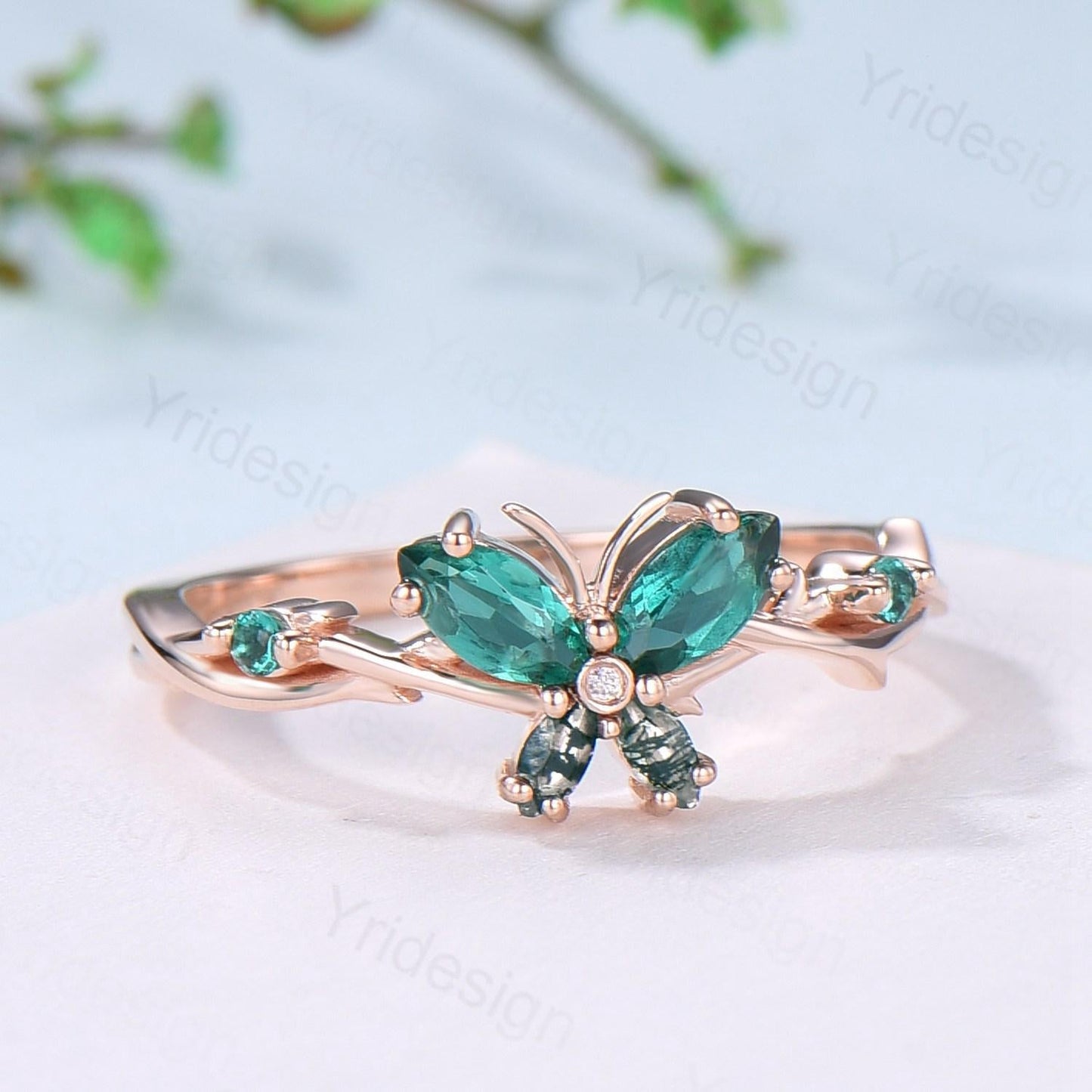 Vintage Butterfly Emerald Engagement Ring Unique Marquise Cut Moss Agate Wedding Ring 14k Rose Gold Flower Promise Anniversary Gift for Wife