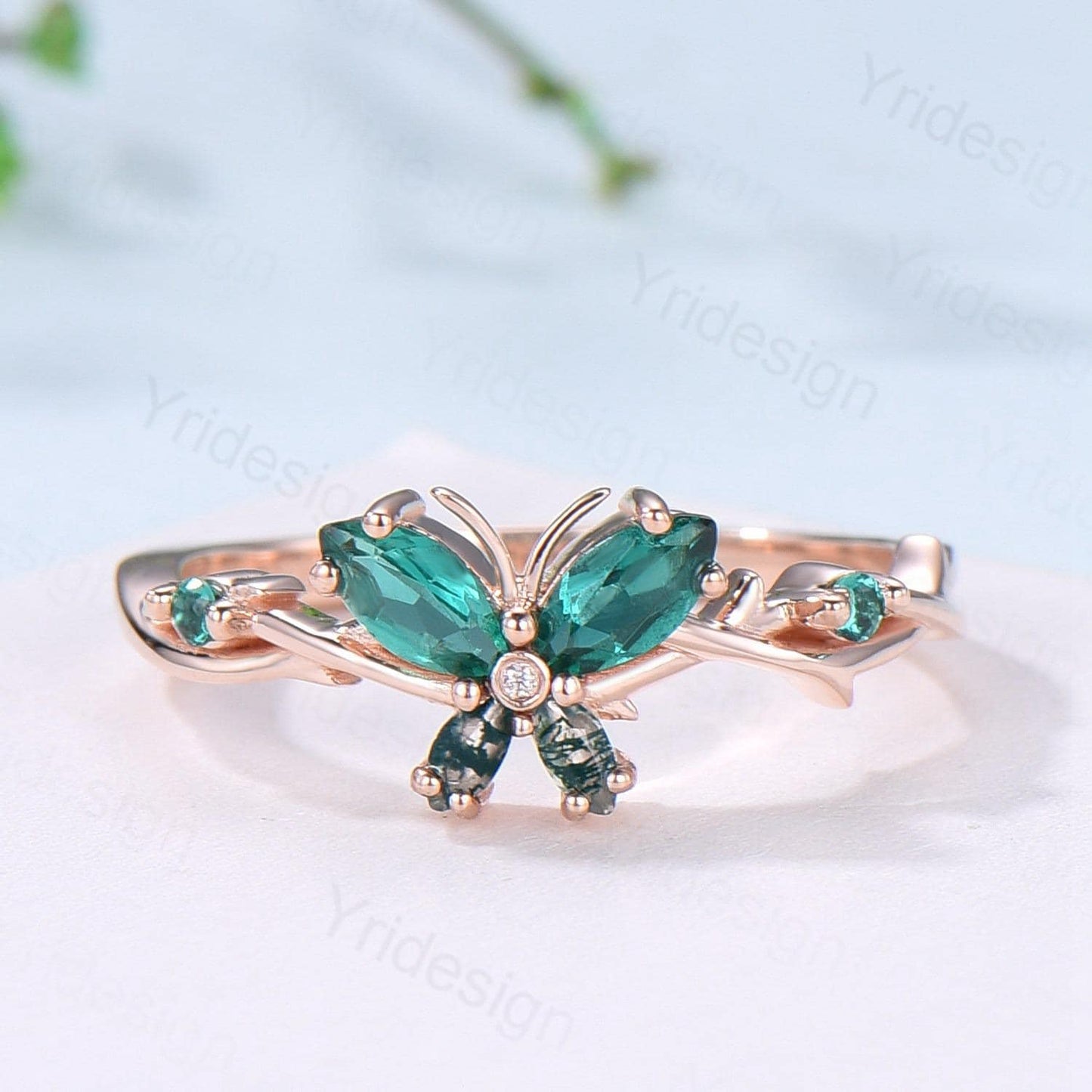 Vintage Butterfly Emerald Engagement Ring Unique Marquise Cut Moss Agate Wedding Ring 14k Rose Gold Flower Promise Anniversary Gift for Wife