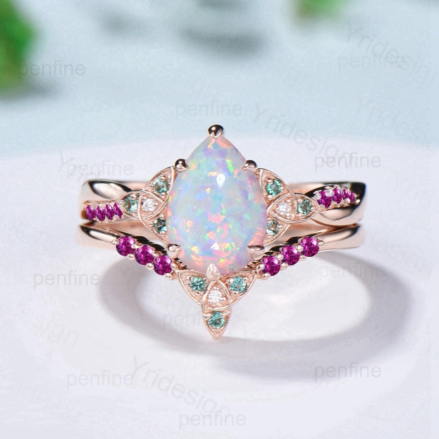 Norse Viking Pear Shaped Opal Wedding Ring Set Celtic Knot 14K Rose Gold Split Shank Opal Ruby Engagement Ring Opal Emerald Bridal Set Women