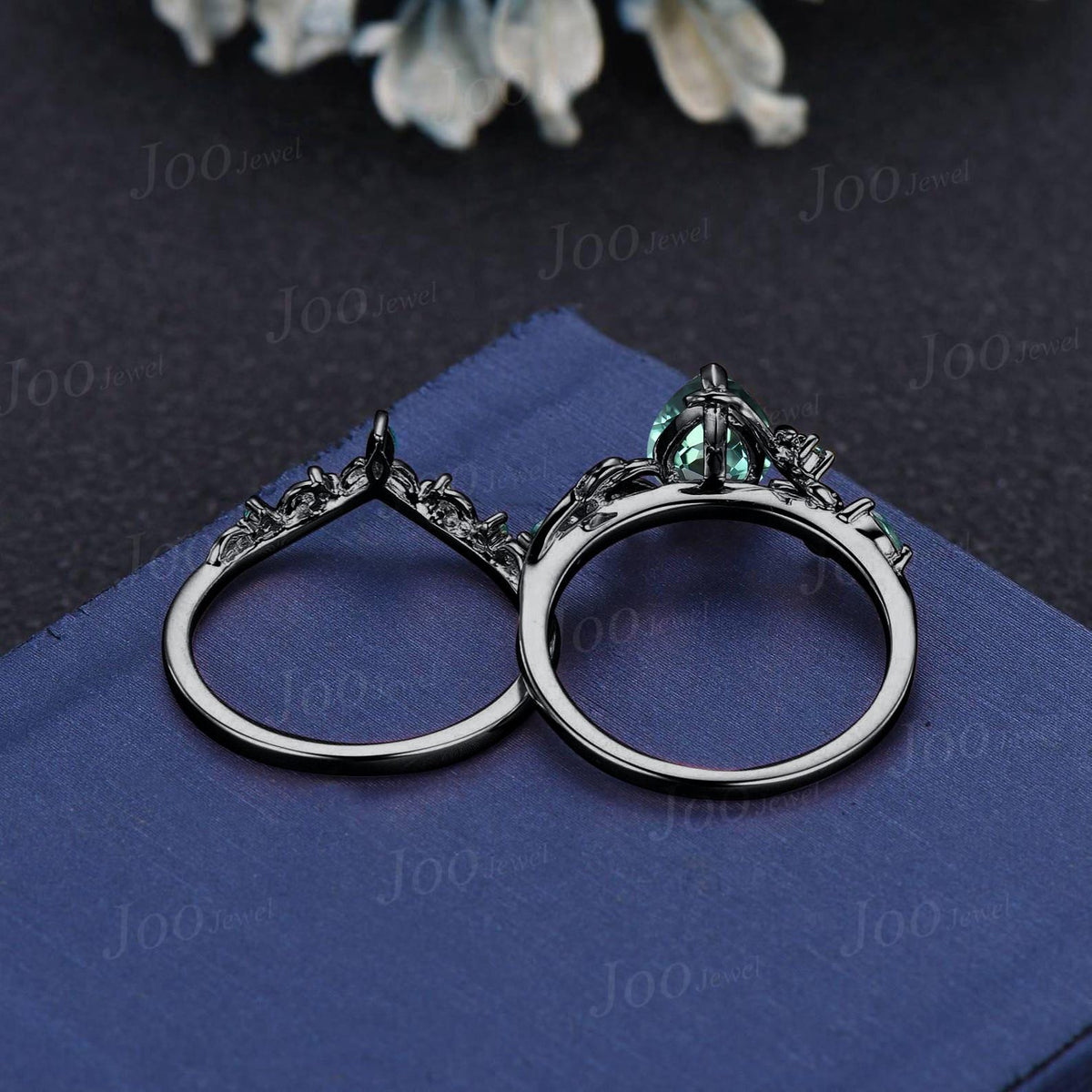 Black Gold Green Sapphire Engagement Ring Set 1.25ct Pear Cut Blue Montana Teal Sapphire Leaf Wedding Ring Set Goth Black Promise Ring Women