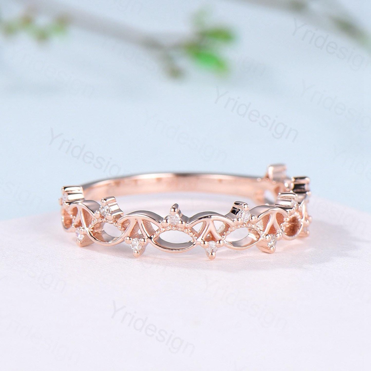 Art Deco 14K Rose Gold Diamond Wedding Band Anniversary Bridal Ring Unique Handmade Jewelry Gift Celtic Knot Stacking Diamond Band