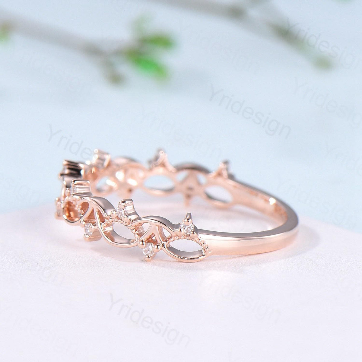 Art Deco 14K Rose Gold Diamond Wedding Band Anniversary Bridal Ring Unique Handmade Jewelry Gift Celtic Knot Stacking Diamond Band