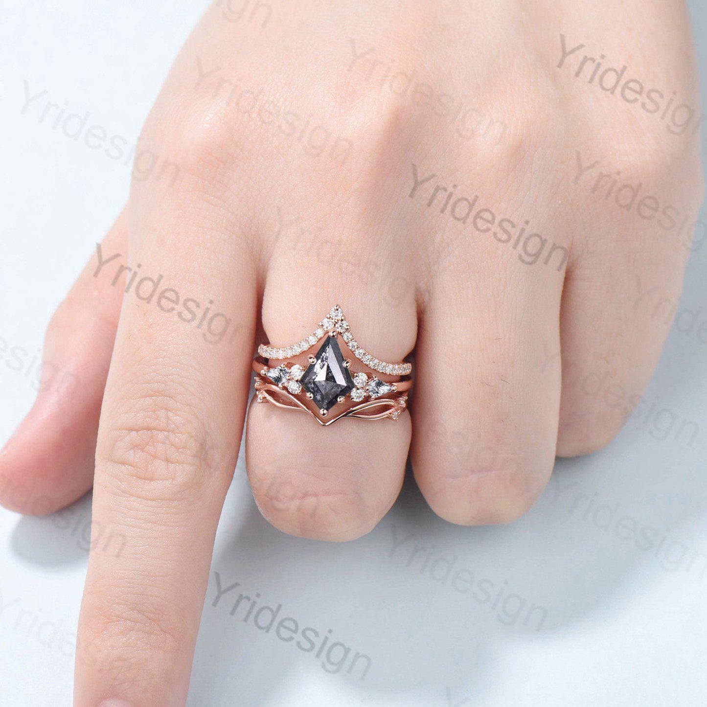 Vintage kite cut salt pepper diamond engagement ring set 14k rose gold six prong kite cut rutilated quartz ring unique bridal wedding set