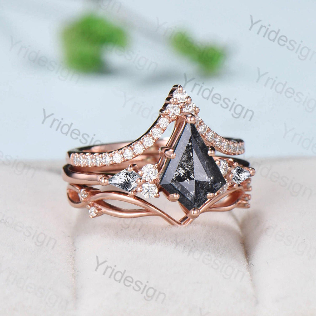 Vintage kite cut salt pepper diamond engagement ring set 14k rose gold six prong kite cut rutilated quartz ring unique bridal wedding set