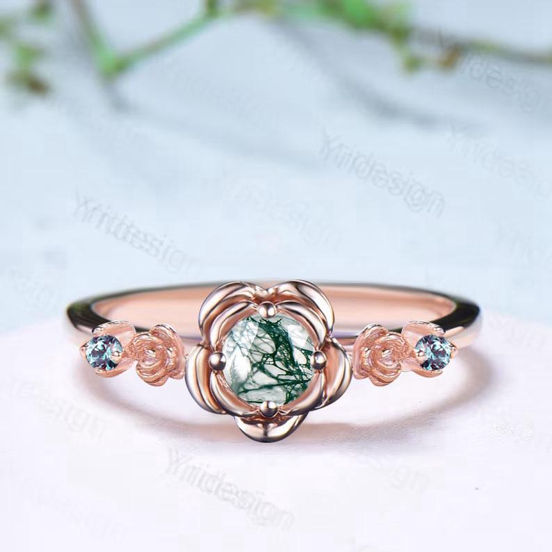 Floral round moss agate engagement ring nature inspired green agate alexandrite wedding ring vintage flower anniversary promise ring women