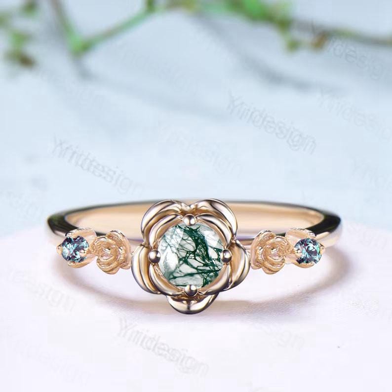 Floral round moss agate engagement ring nature inspired green agate alexandrite wedding ring vintage flower anniversary promise ring women