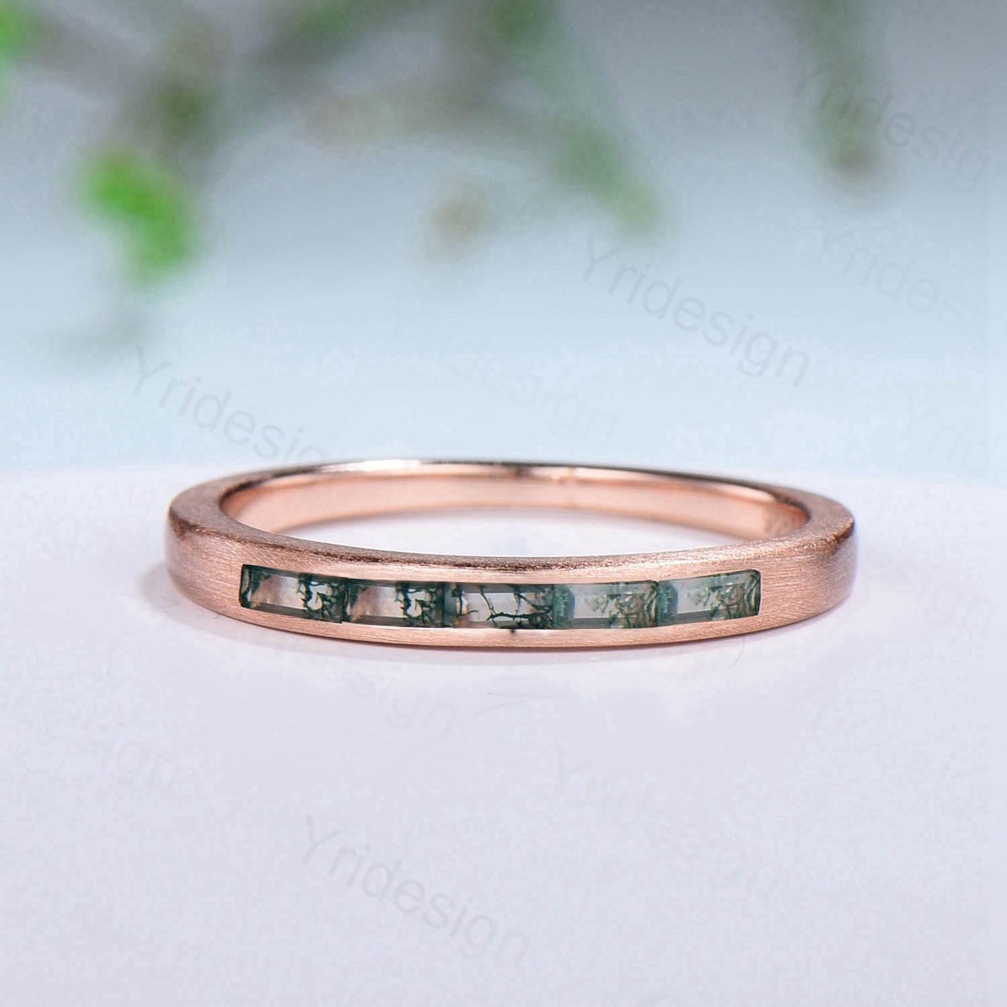Hammered Moss Agate Wedding Ring Unique Minimalist Brushed Five Stone Wedding Band Women Tension Design Stacking Retro Vintage Stacking Ring