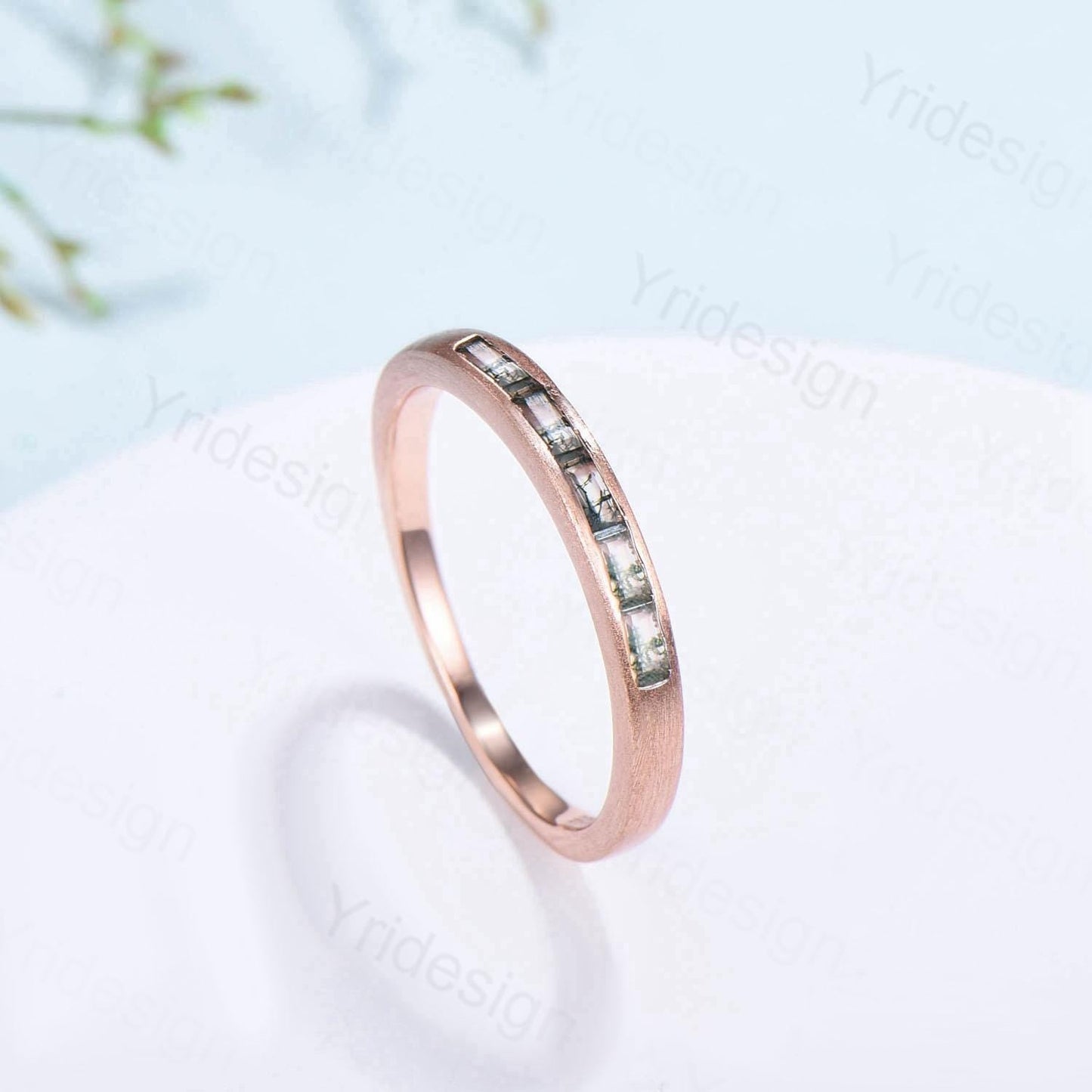 Hammered Moss Agate Wedding Ring Unique Minimalist Brushed Five Stone Wedding Band Women Tension Design Stacking Retro Vintage Stacking Ring