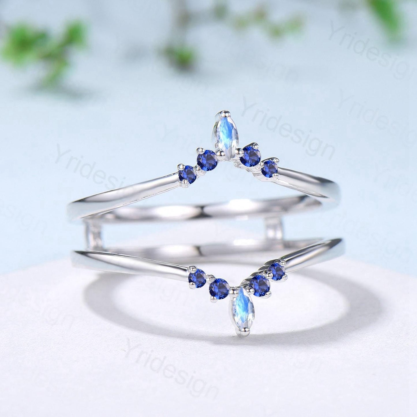 Double Curved Blue Sapphire Moonstone Wedding Band Sterling Silver Contour Enhancer Stacking Matching Nesting Band Jacket Anniversary Gifts