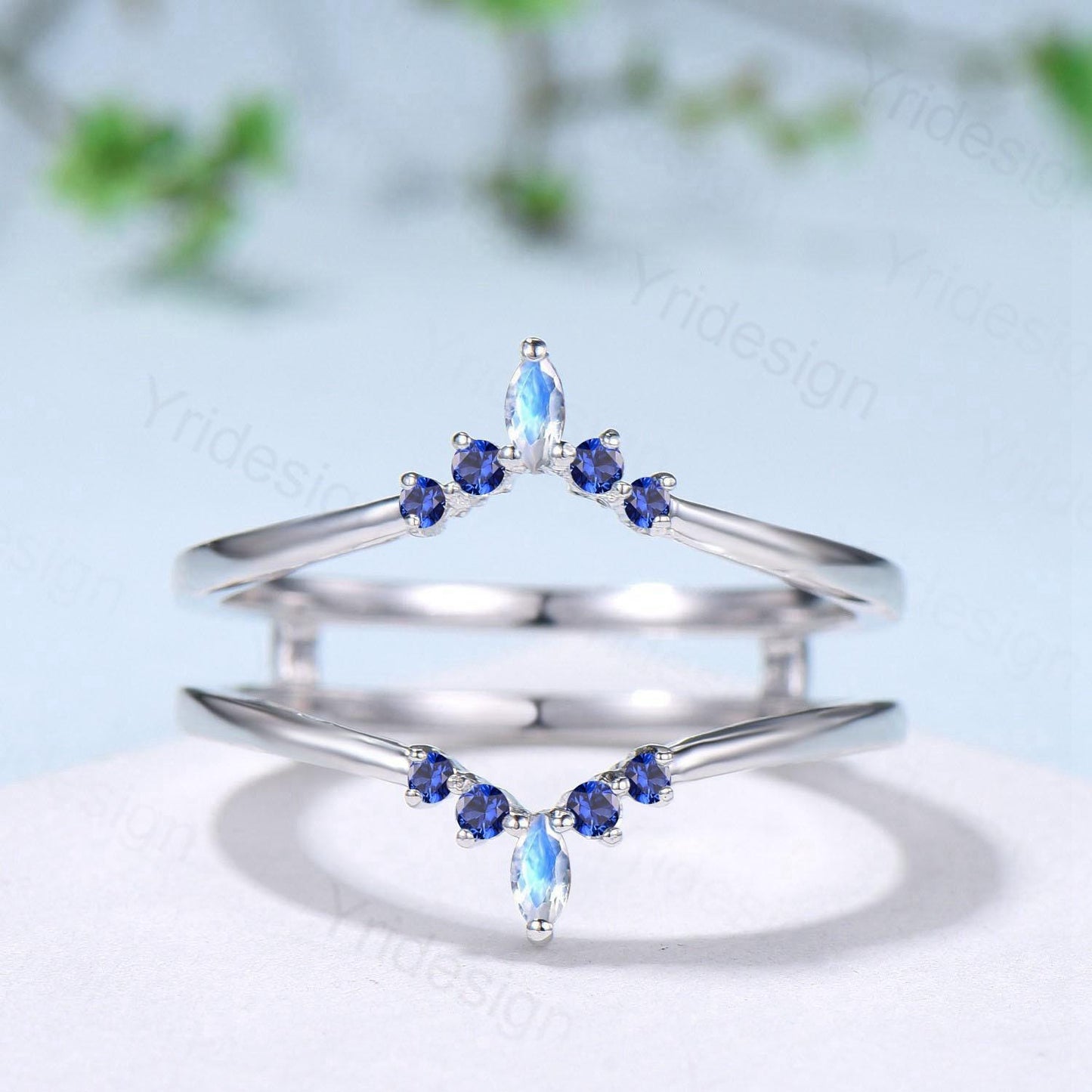 Double Curved Blue Sapphire Moonstone Wedding Band Sterling Silver Contour Enhancer Stacking Matching Nesting Band Jacket Anniversary Gifts