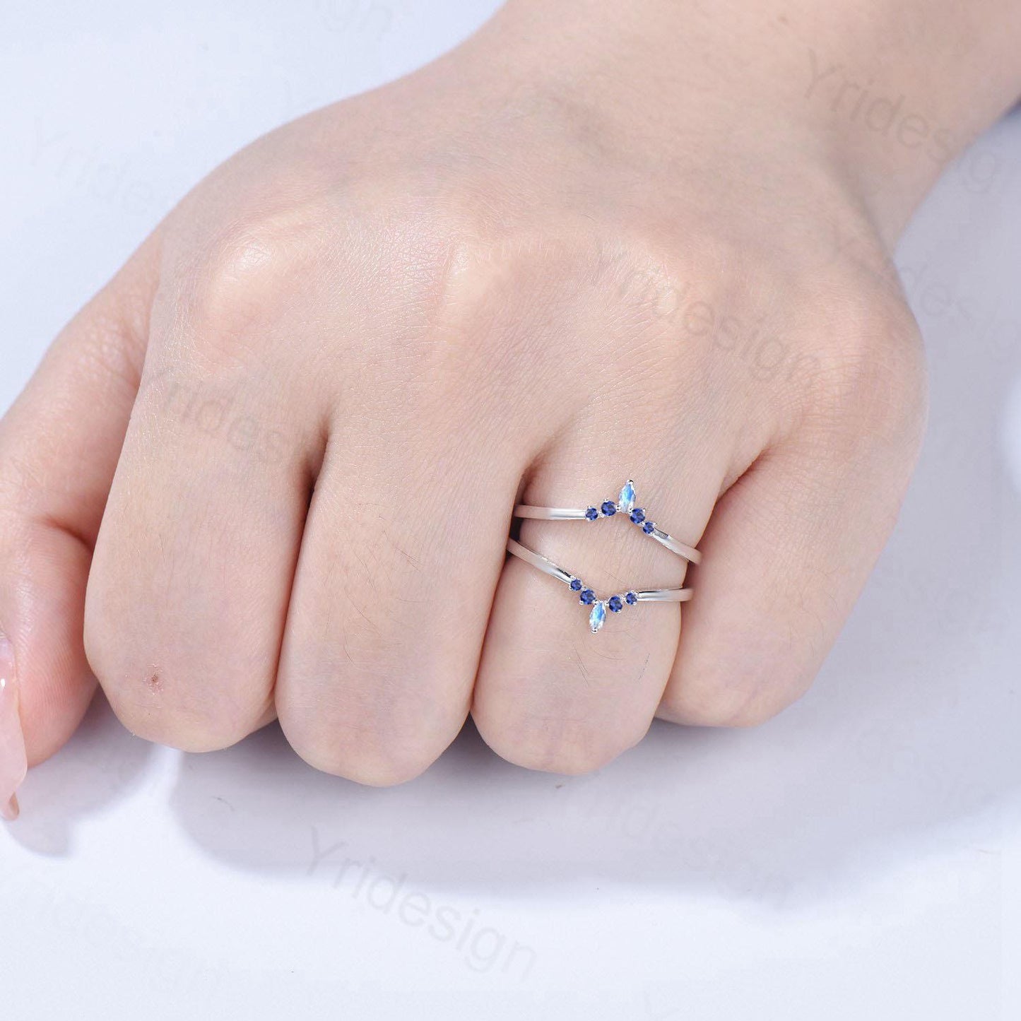 Double Curved Blue Sapphire Moonstone Wedding Band Sterling Silver Contour Enhancer Stacking Matching Nesting Band Jacket Anniversary Gifts