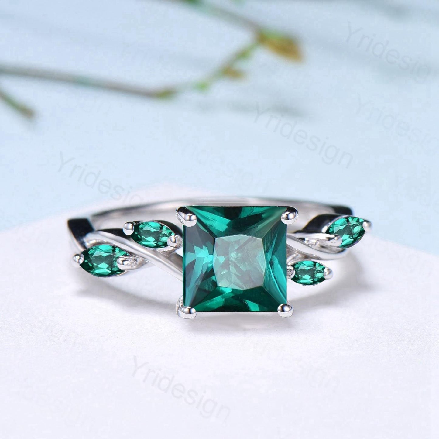 Vintage Lab Created Emerald Princess Cut Engagement Ring Art Deco Split Shank May Birthstone Wedding Ring Gift Promise Anniversary Ring