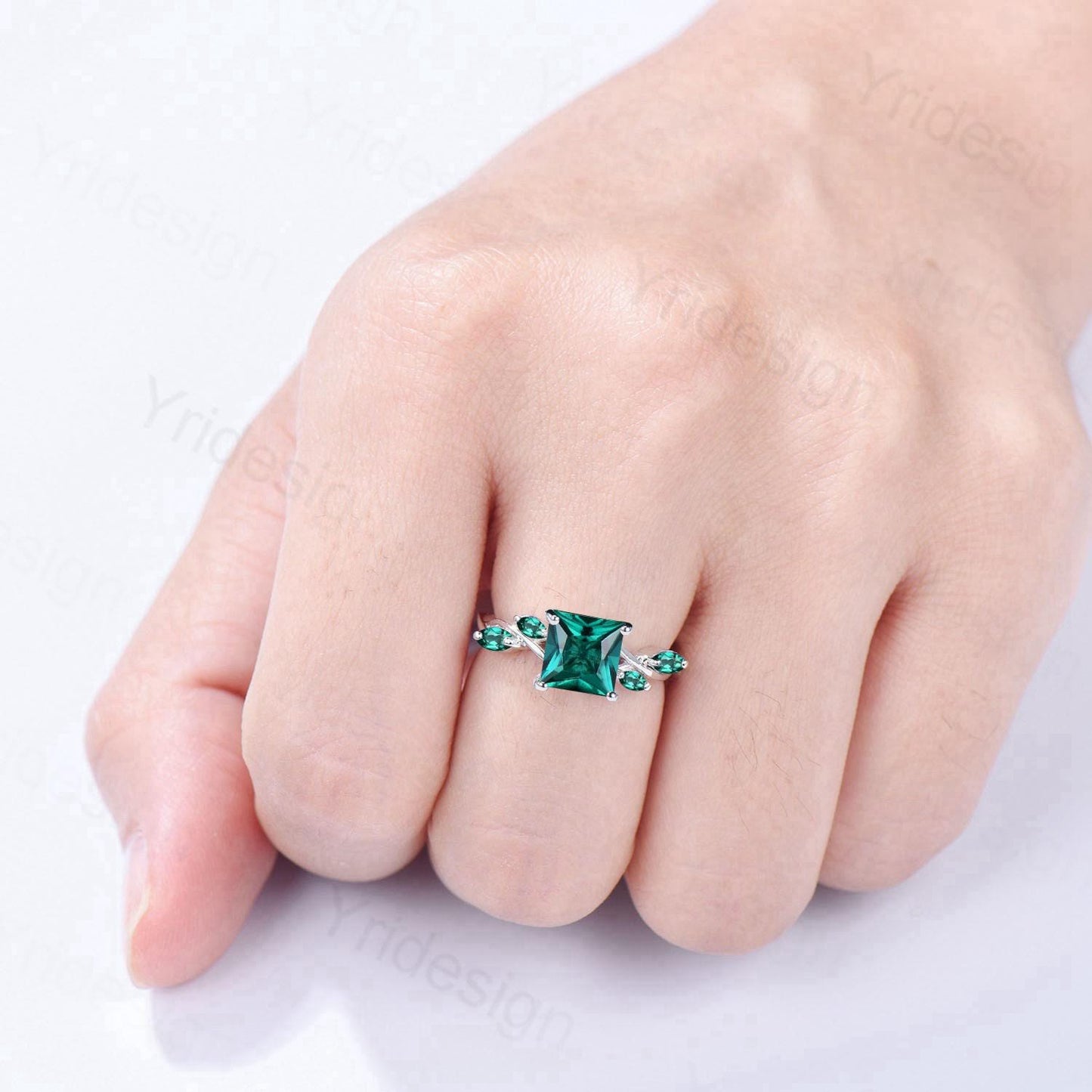 Vintage Lab Created Emerald Princess Cut Engagement Ring Art Deco Split Shank May Birthstone Wedding Ring Gift Promise Anniversary Ring