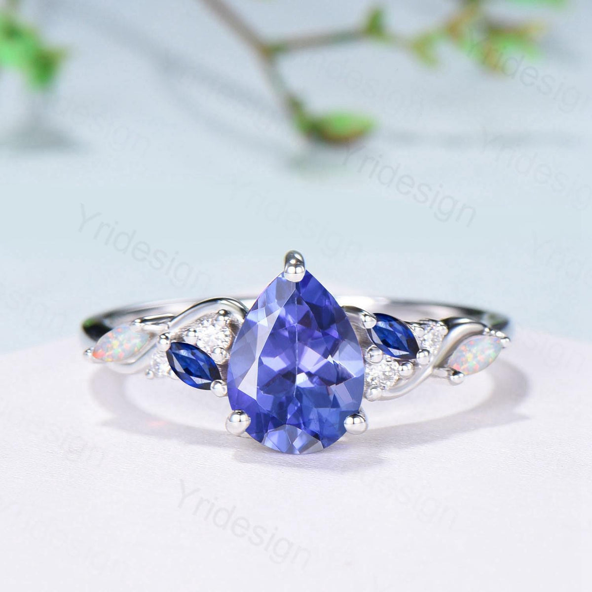 Unique Pear Cut Natural Tanzanite Engagement Ring Cluster Sapphire Opal Wedding Ring Platinum White Gold Handmade Anniversary Proposal Gift