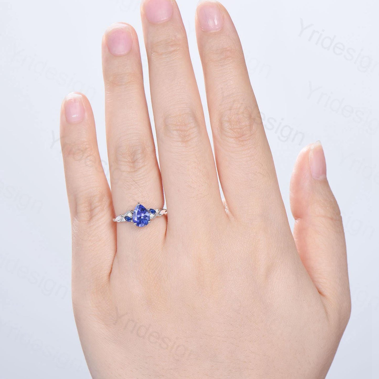 Unique Pear Cut Natural Tanzanite Engagement Ring Cluster Sapphire Opal Wedding Ring Platinum White Gold Handmade Anniversary Proposal Gift