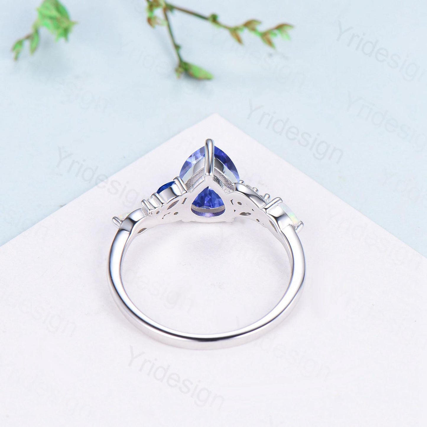 Unique Pear Cut Natural Tanzanite Engagement Ring Cluster Sapphire Opal Wedding Ring Platinum White Gold Handmade Anniversary Proposal Gift
