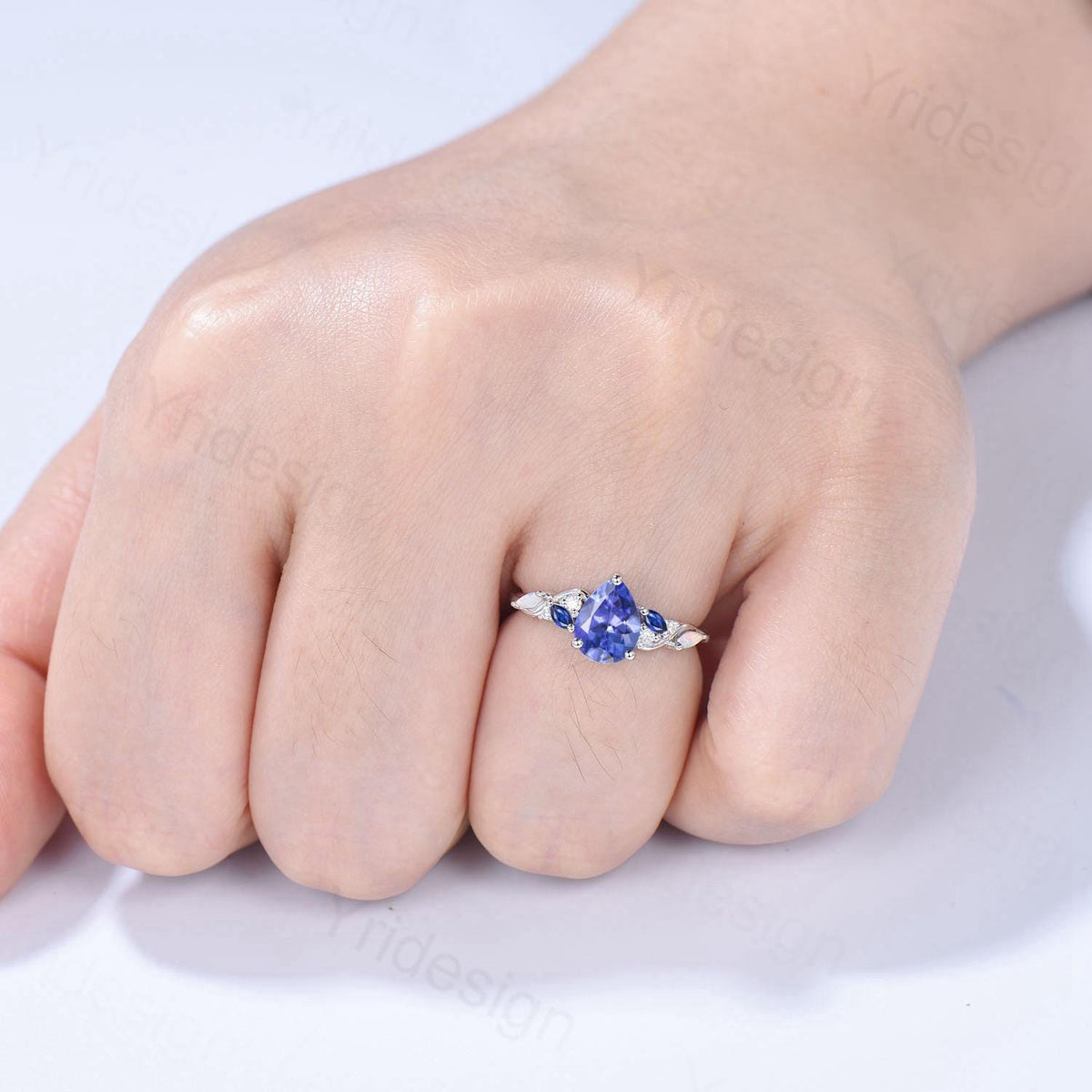 Unique Pear Cut Natural Tanzanite Engagement Ring Cluster Sapphire Opal Wedding Ring Platinum White Gold Handmade Anniversary Proposal Gift