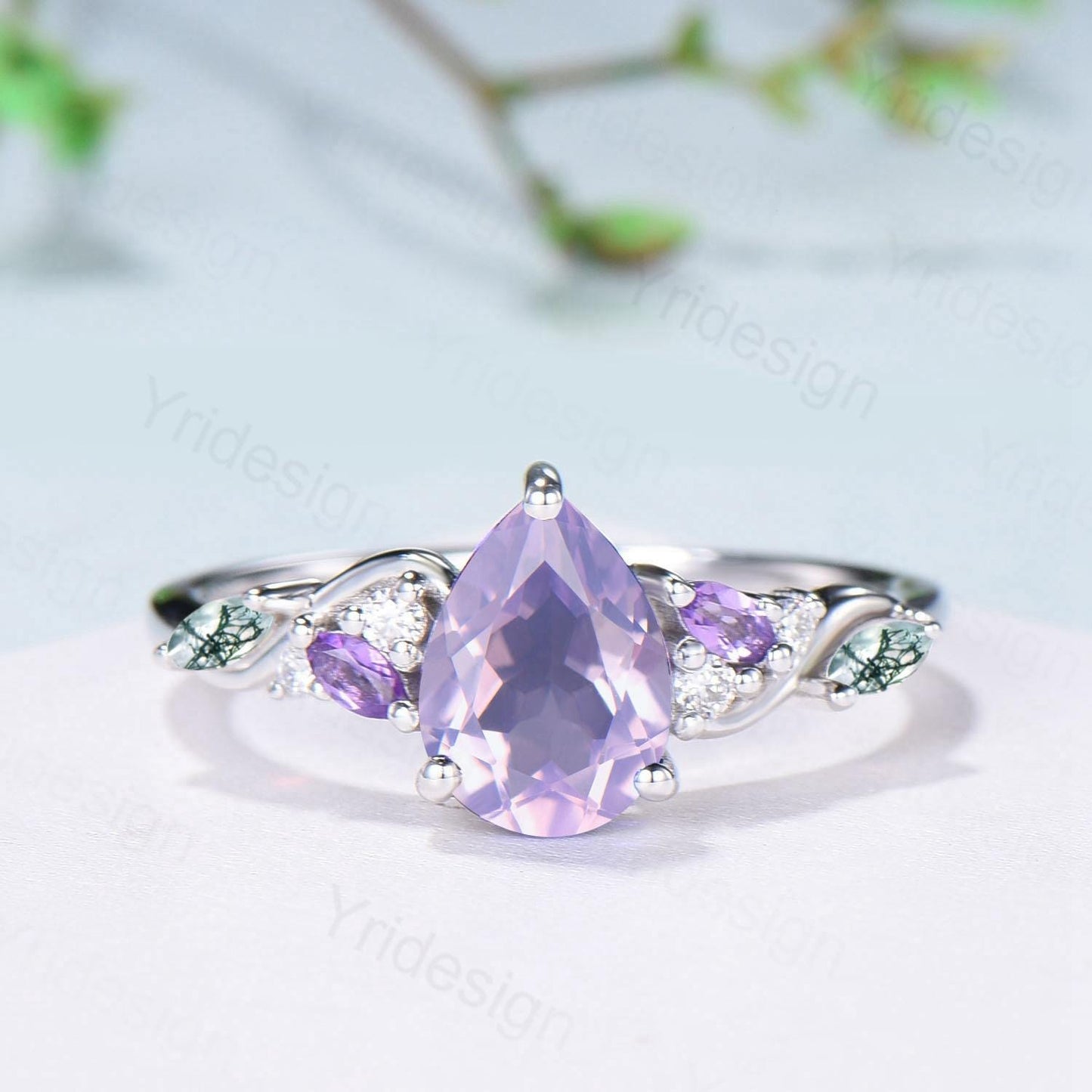 Art Deco Pear Shaped Lavender Amethyst Engagement Ring Split Shank Moss Agate Wedding Ring Vintage Handmade Anniversary Ring Gift for Women