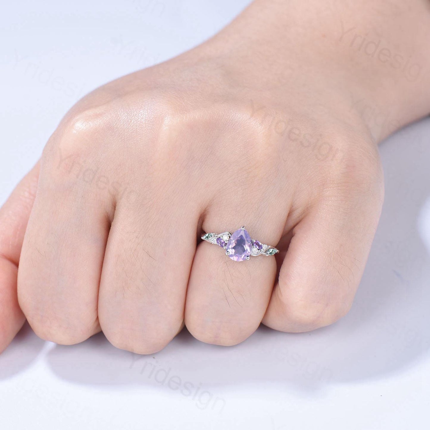 Art Deco Pear Shaped Lavender Amethyst Engagement Ring Split Shank Moss Agate Wedding Ring Vintage Handmade Anniversary Ring Gift for Women