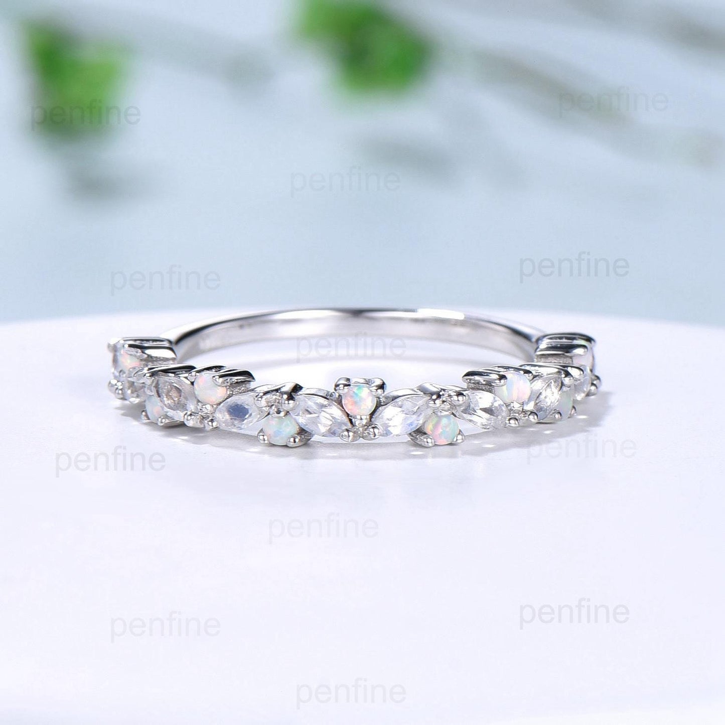 Vintage Marquise Moonstone Opal Wedding Band, 14k Yellow Gold Stacking Ring