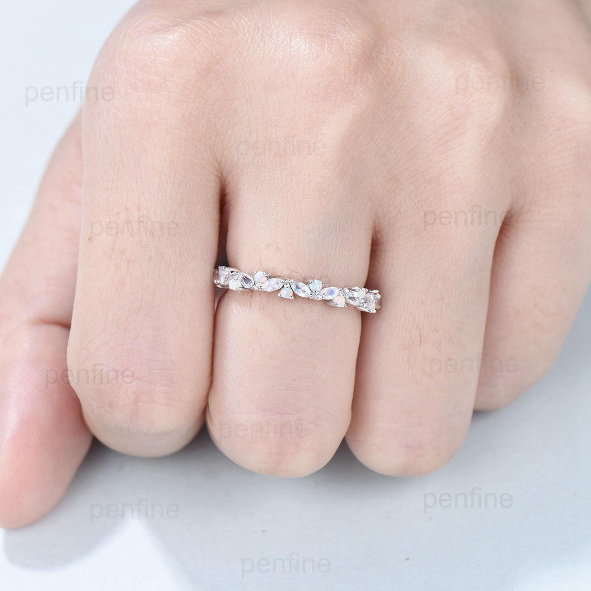 Vintage Marquise Moonstone Opal Wedding Band, 14k Yellow Gold Stacking Ring