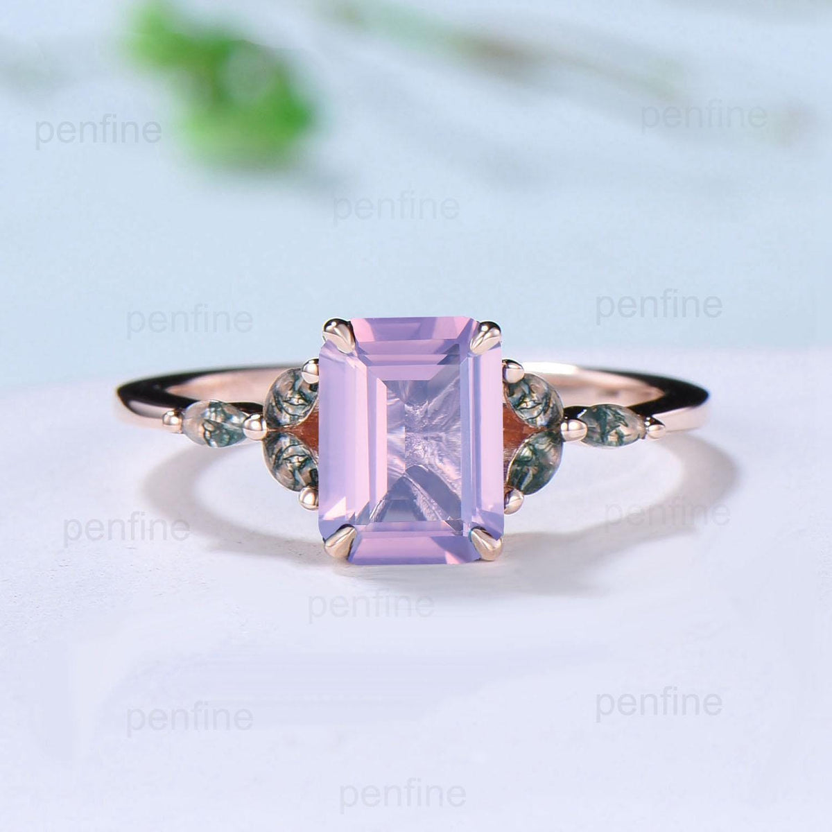 Vintage Emerald Cut Natural Lavender Amethyst Engagement Ring Marquise Cut Moss Agate Ring Silver Rose Gold Retro Anniversary Promise Gift