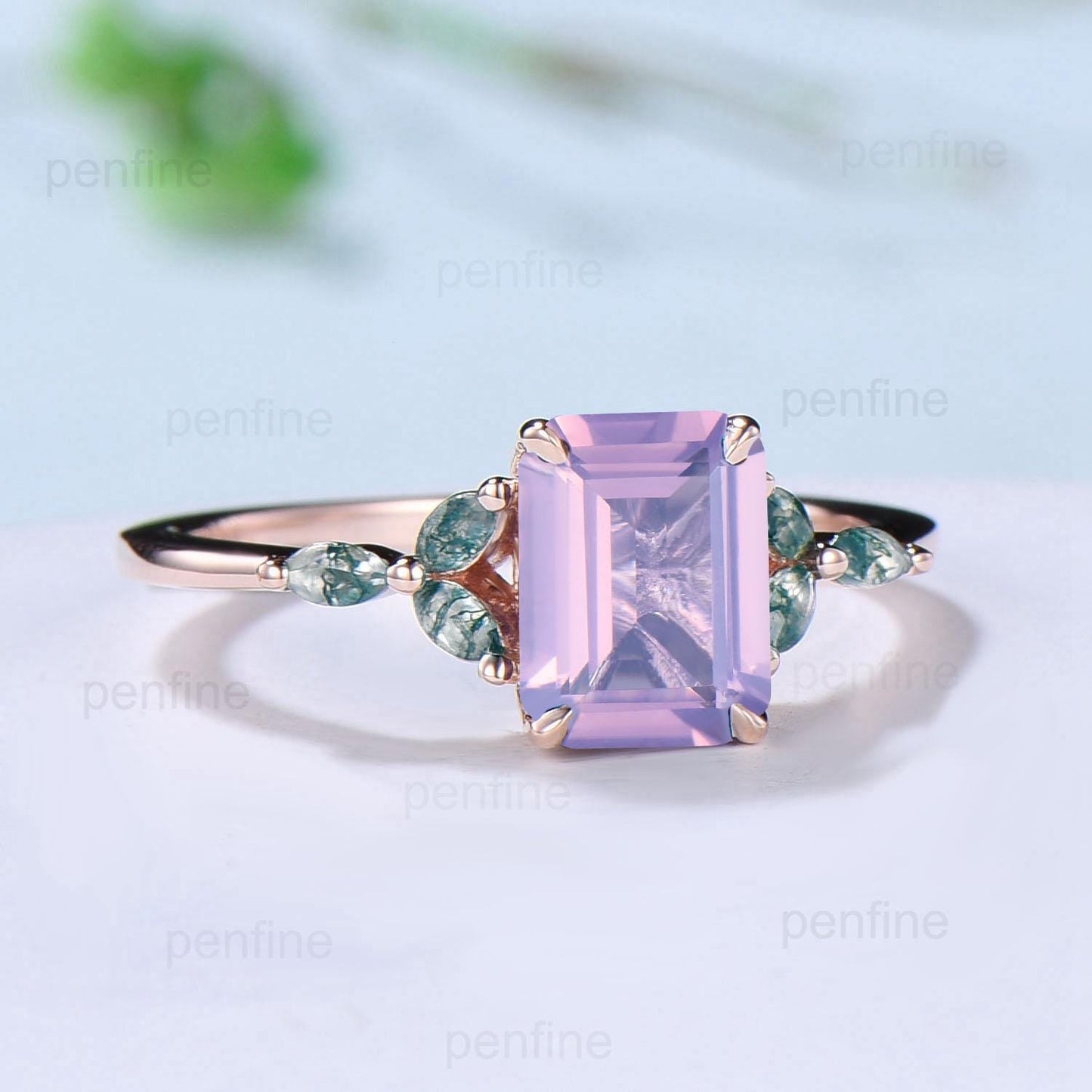 Vintage Emerald Cut Natural Lavender Amethyst Engagement Ring Marquise Cut Moss Agate Ring Silver Rose Gold Retro Anniversary Promise Gift
