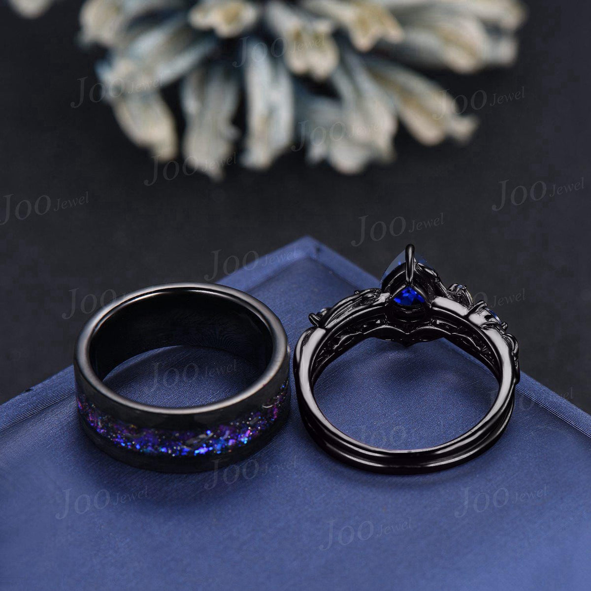 1.25ct Nature Inspired Pear Blue Sapphire Wedding Ring Set for Her with Galaxy Black Tungsten Band for Him Unique Matching Couple Rings Set