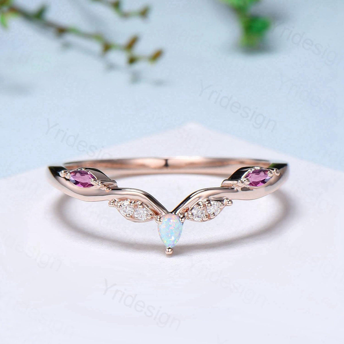 Vintage Marquise Cut Fire Opal Amethyst Wedding Band Women Unique Teardrop White Opal Stackable Ring Elegant Matching Band Anniversary Gift