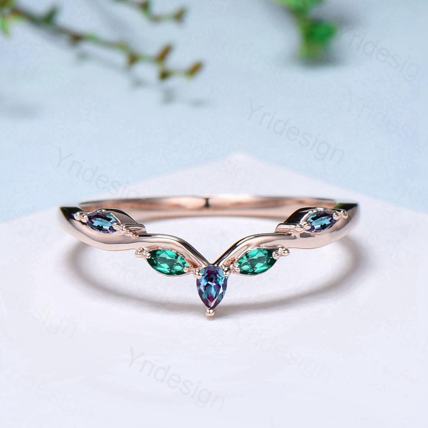 Pear Shaped And Marquise Alexandrite Wedding Band Silver Rose Gold Infinity Color Change Stacking Emerald Matching Ring Anniversary gift