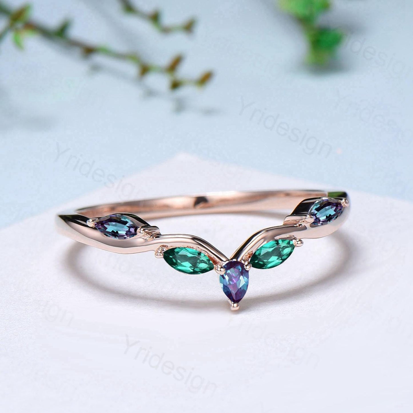 Pear Shaped And Marquise Alexandrite Wedding Band Silver Rose Gold Infinity Color Change Stacking Emerald Matching Ring Anniversary gift