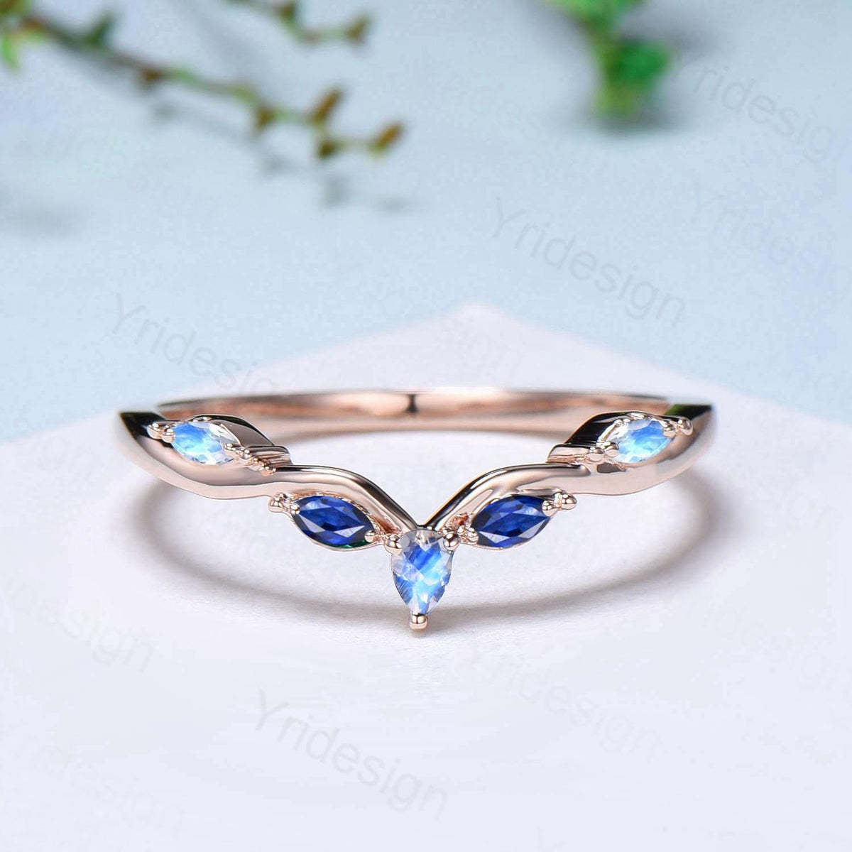 Vintage Curved Moonstone Sapphire Wedding Band Marquise Cut Blue Stone wedding Ring Unique Stacking Matching Bridal ring Anniversary band