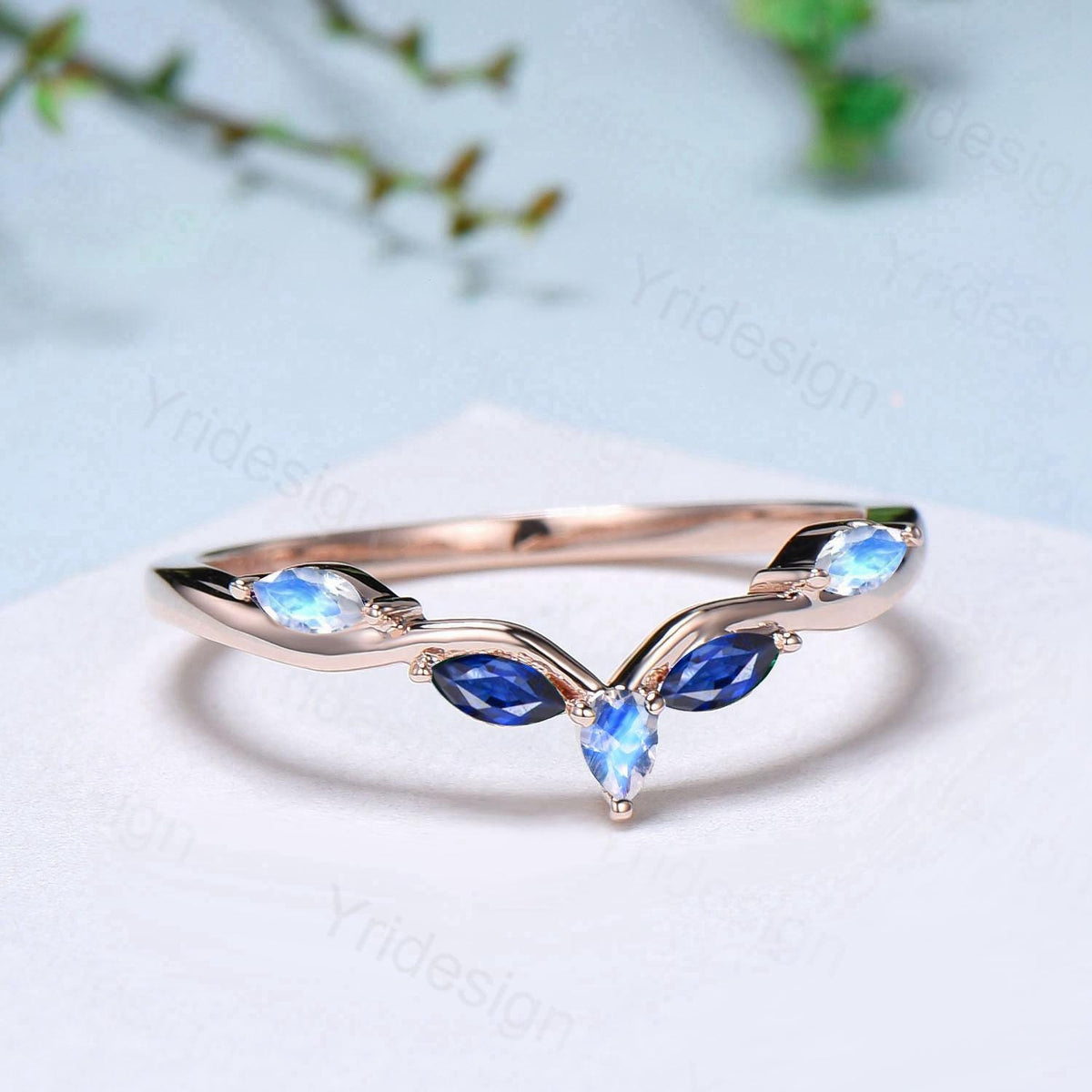 Vintage Curved Moonstone Sapphire Wedding Band Marquise Cut Blue Stone wedding Ring Unique Stacking Matching Bridal ring Anniversary band