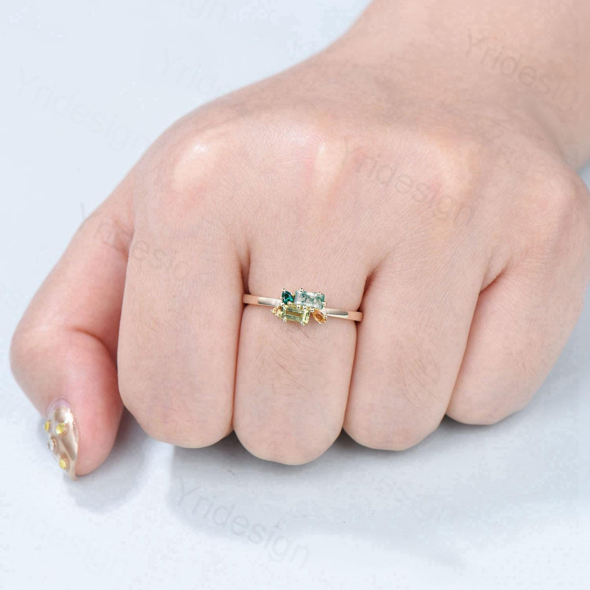 Unique Baguette Moss Agate Peridot Wedding Ring Multi Stone Citrine Emerald Wedding Band Stacking Promise Ring Anniversary Gift For Daughter